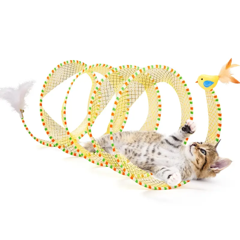 Potaroma Magic Spiral Cat Tunnel | A cat's self-entertainment device with built-in bells and feathers. Just extend and play! 20-inch folding tunnel to stimulate hunting instincts.