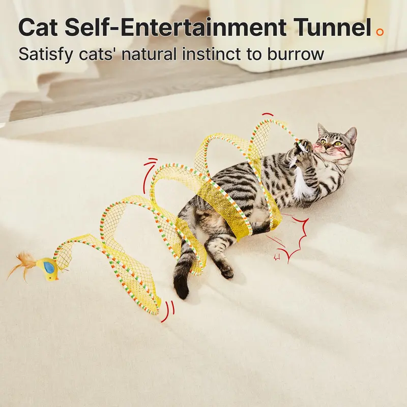 Potaroma Magic Spiral Cat Tunnel | A cat's self-entertainment device with built-in bells and feathers. Just extend and play! 20-inch folding tunnel to stimulate hunting instincts.