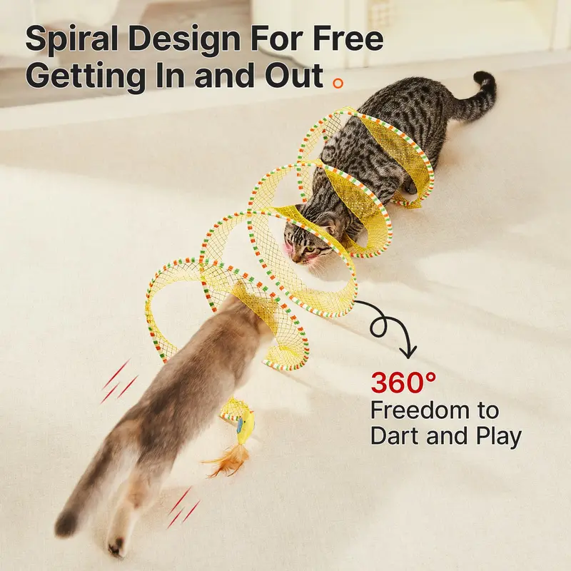 Potaroma Magic Spiral Cat Tunnel | A cat's self-entertainment device with built-in bells and feathers. Just extend and play! 20-inch folding tunnel to stimulate hunting instincts.