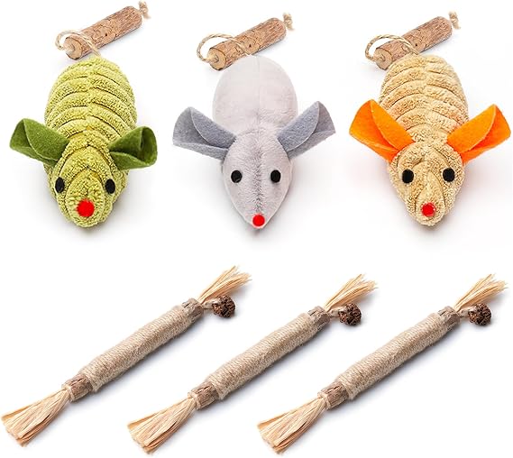 Potaroma 3 Pack Silvervine Cat Chew Toys and 3 Pcs Squeak Mice