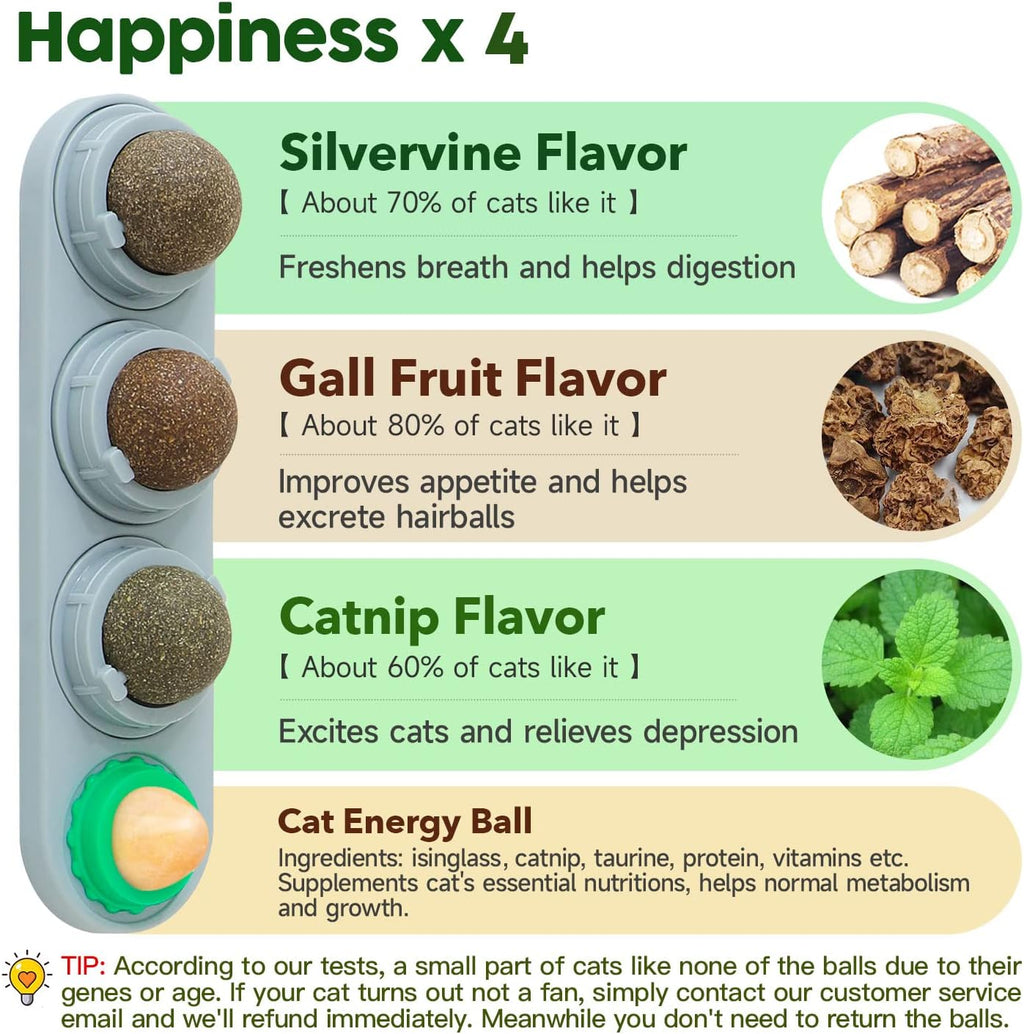 Potaroma 4 Catnip Silvervine Ball Toys, Extra Cat Energy Ball, Edible Cats Lick Kitten Chew, Teeth Cleaning Dental Wall Treats, Concentrated Flavor for All Breeds