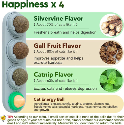 Potaroma 4 Catnip Silvervine Ball Toys, Extra Cat Energy Ball, Edible Cats Lick Kitten Chew, Teeth Cleaning Dental Wall Treats, Concentrated Flavor for All Breeds