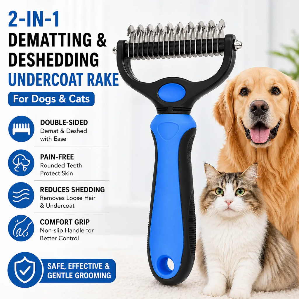 Pet Dematting Undercoat Rake, Double-Sided Deshedding Brush for Dogs & Cats